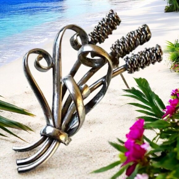 Sterling Silver Vintage Brooch Cattails Bulrush Reed Plant Signed ss grams - Picture 2 of 14